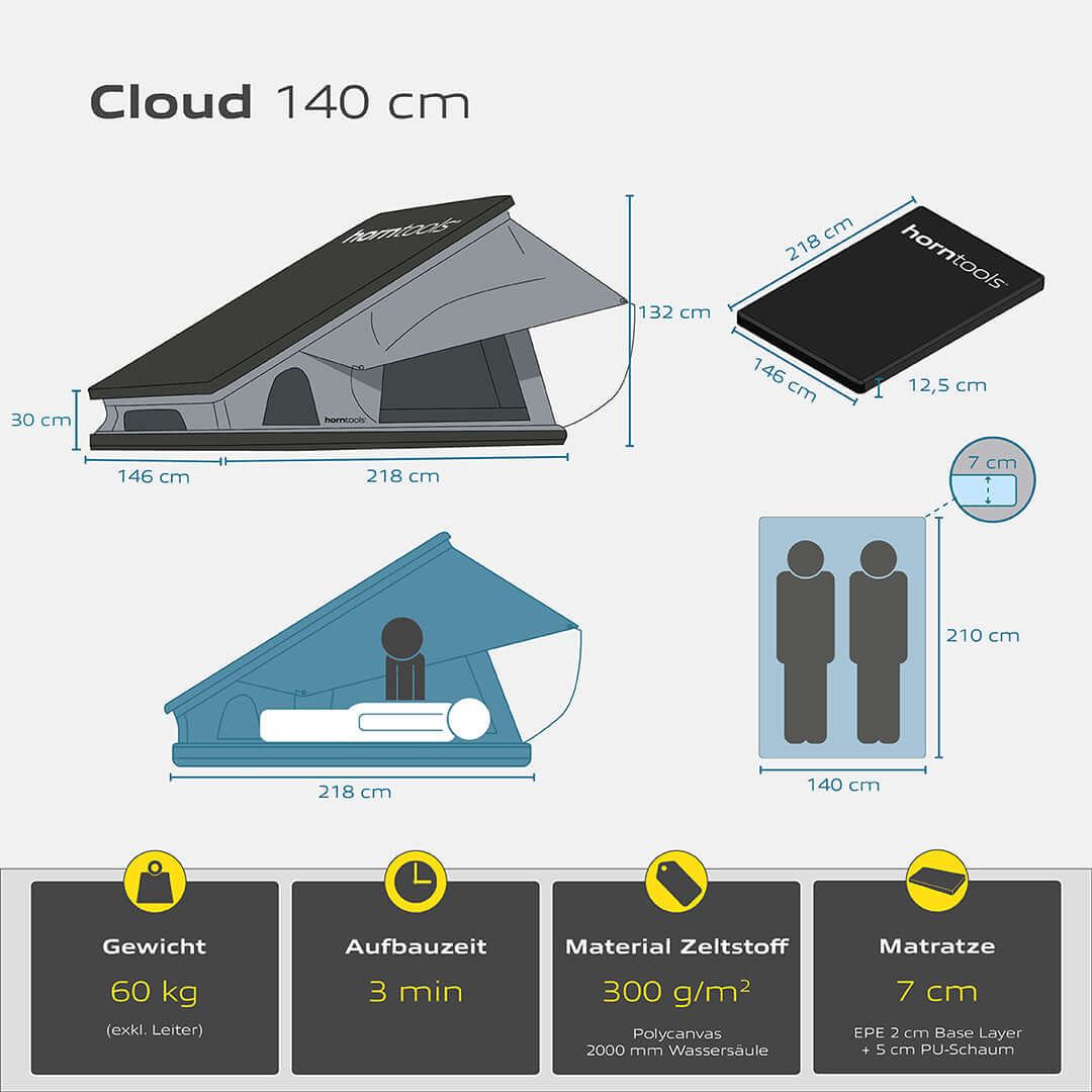 Tente de toit Cloud pour 2 personnes - 140 cm